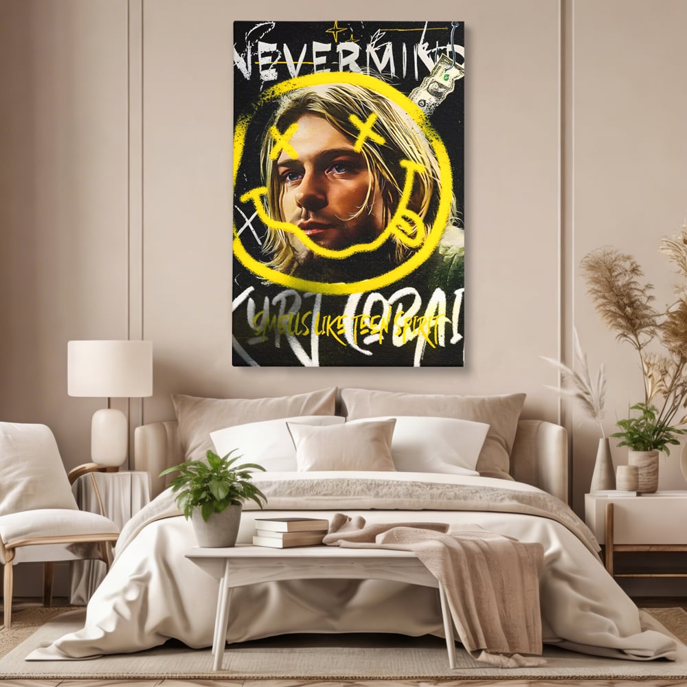 Tablou canvas cu tablou canvas cu portretul lui kurt cobain, fara rama, pe sasiu de lemn, pe perete intr-un dormitor